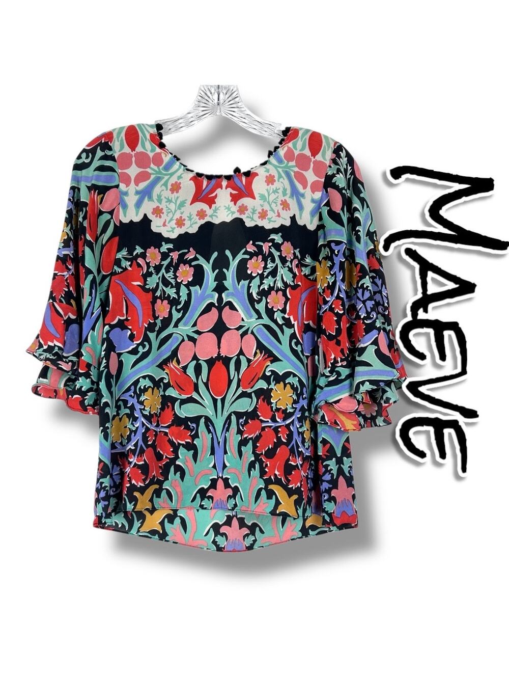 Maeve Folkart Kimono Silk Blouse Keyhole Back Bell Sleeves Sheer Womens Size 0